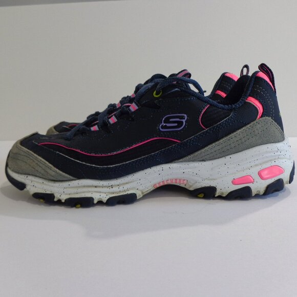 Skechers D'Lites Womens Leather Sneakers Navy Blue Pink Chunky Bold Views Size 8 - Picture 1 of 8